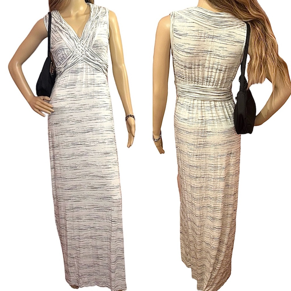 Max Studio Braided V-Neck Striped Maxi Dress